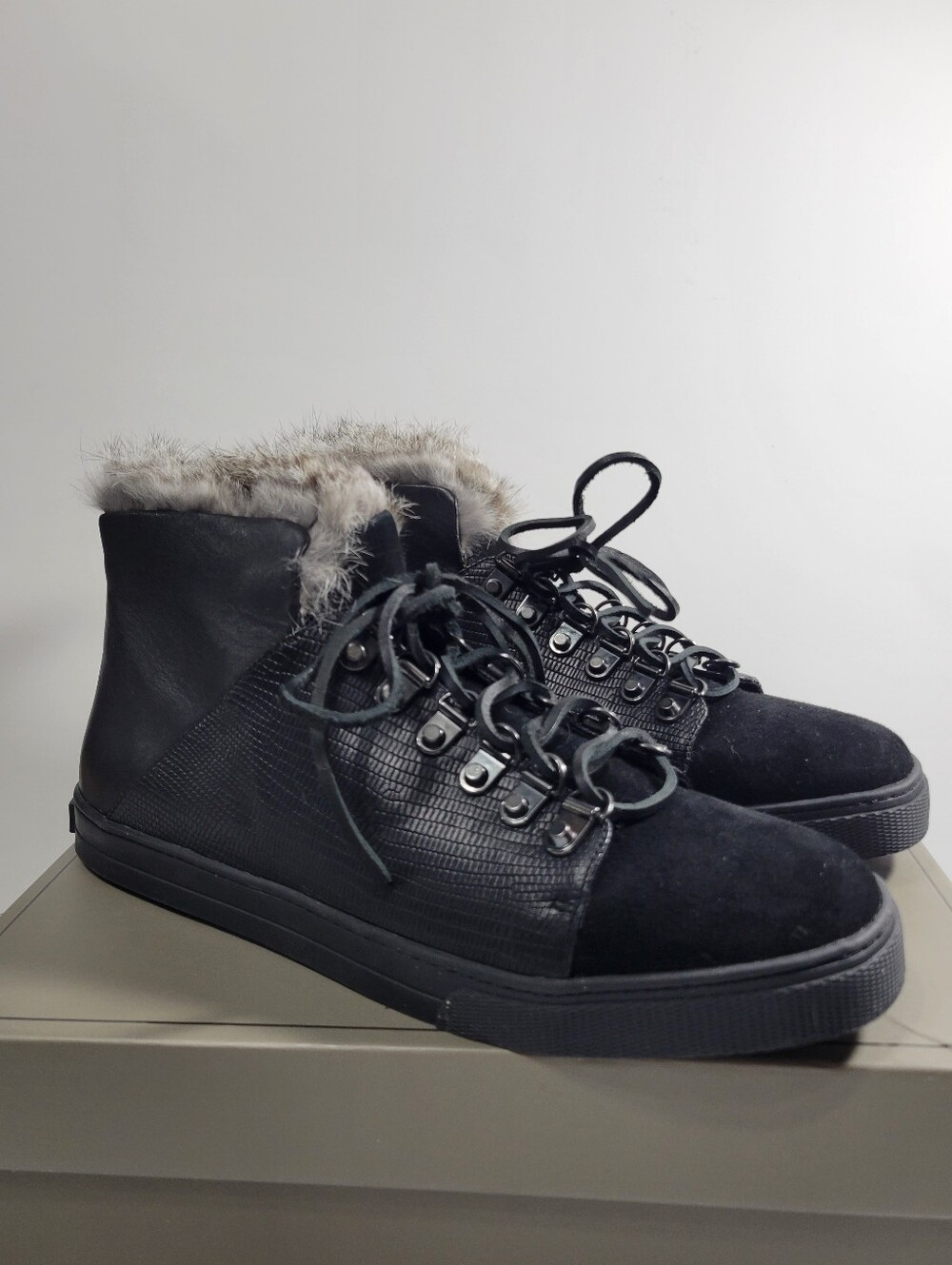 BCBG Black Lizard-Embossed Faux Fur Hiker Sneaker Boots - Size 39